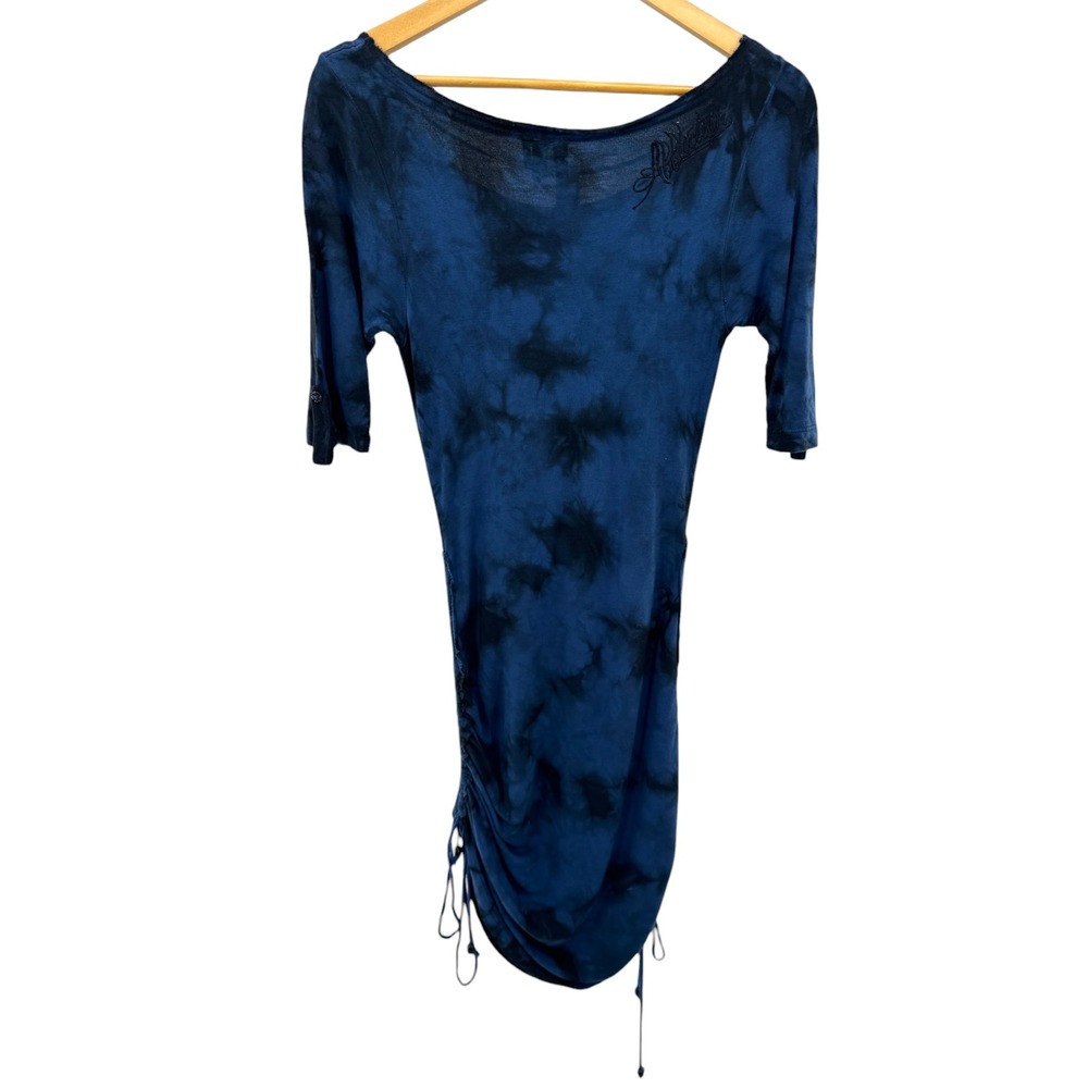 Affliction Blue Black Tie Dye Ruched Drawstring Asymmetrical Tee Dress M - Picture 9 of 9